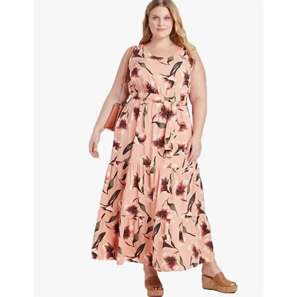 Ava & Viv Women's Plus Size Floral Print Sleeveless Tiered Dress - (2XL Coral) W